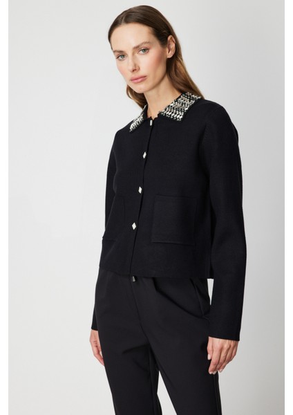 Kadın Yakası Taşlı Torba Cepli Hırka 60907 Siyah fiyatları