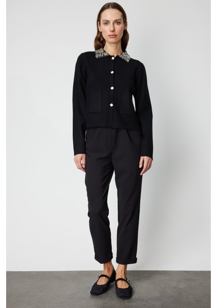 Kadın Yakası Taşlı Torba Cepli Hırka 60907 Siyah modelleri