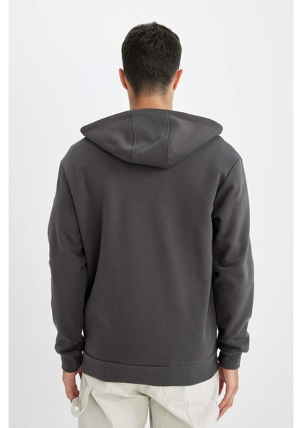 Comfort Fit Rahat Kalıp Kapüşonlu Kalın İçi Yumuşak Tüylü Fermuarlı Sweatshirt