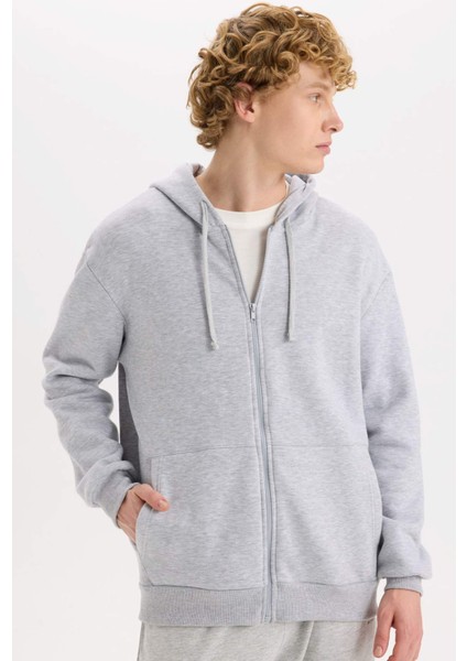 Comfort Fit Rahat Kalıp Kapüşonlu Kalın İçi Yumuşak Tüylü Fermuarlı Sweatshirt