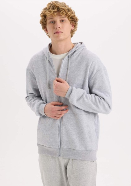 Comfort Fit Rahat Kalıp Kapüşonlu Kalın İçi Yumuşak Tüylü Fermuarlı Sweatshirt