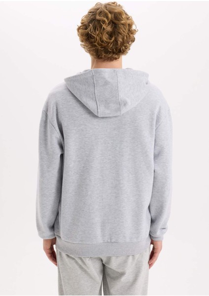 Comfort Fit Rahat Kalıp Kapüşonlu Kalın İçi Yumuşak Tüylü Fermuarlı Sweatshirt