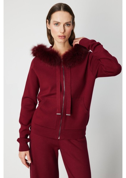 Kadın Yakası Kürklü Fermuarlı Triko Hırka 63918 Bordo