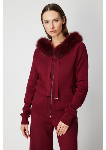 Kadın Yakası Kürklü Fermuarlı Triko Hırka 63918 Bordo fiyatları