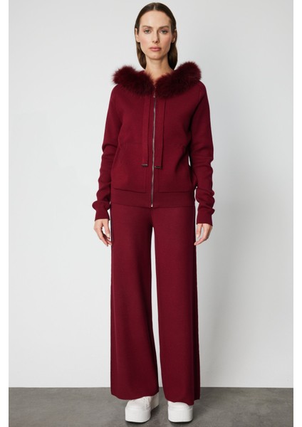 Kadın Yakası Kürklü Fermuarlı Triko Hırka 63918 Bordo modelleri