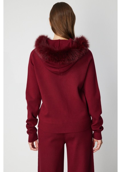 Kadın Yakası Kürklü Fermuarlı Triko Hırka 63918 Bordo fırsatları