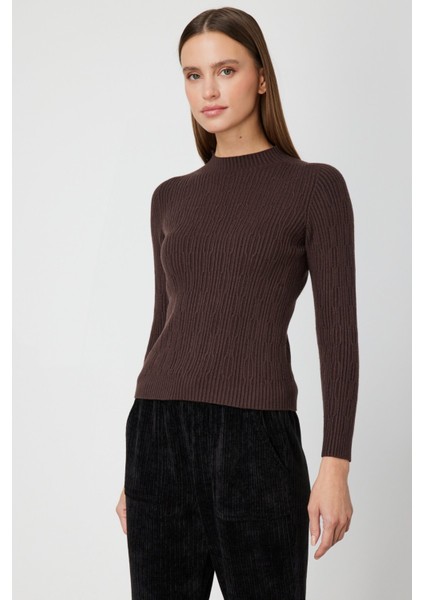 Kadın Sıfır Yaka Örgü Desenli Triko Kazak 69314 Kahverengi