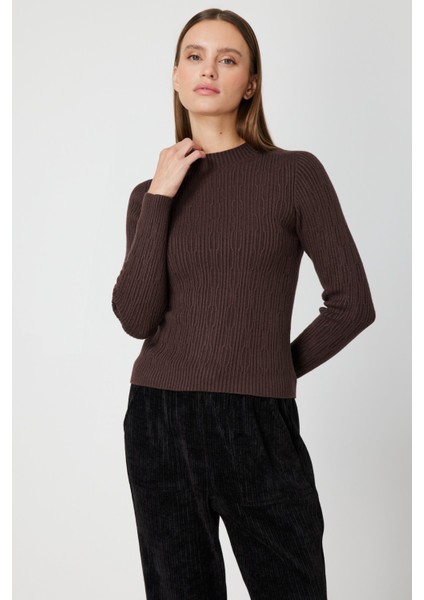 Kadın Sıfır Yaka Örgü Desenli Triko Kazak 69314 Kahverengi fiyatları