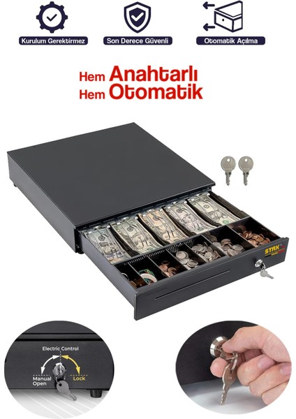 Pos Uyumlu Çelik Para Çekmecesi – Büyük Boy 41×41 Cm, 5 Banknot ve 5 Madeni Para Gözlü