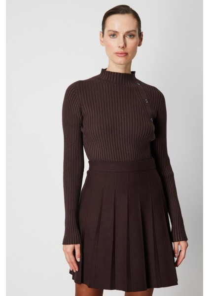 Kadın Süs Düğmeli Fitilli Triko Kazak 69312 Kahverengi