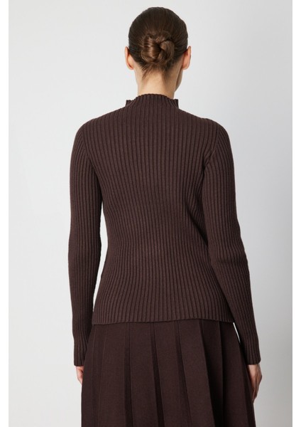 Kadın Süs Düğmeli Fitilli Triko Kazak 69312 Kahverengi fırsatları