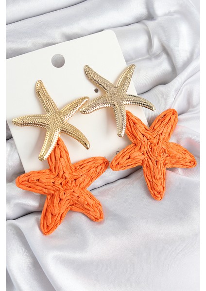 Pirinç Sallantılı Turuncu Deniz Yıldızı Renk Hasır Küpe