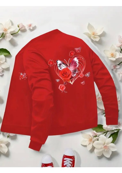Punıx Kıds Özel Seri Tasarım Kalp Gül Kelebek Baskılı Kolej Yaka Fermuarlı Kalın Kışlık Kız Çocuk Sweatshırt