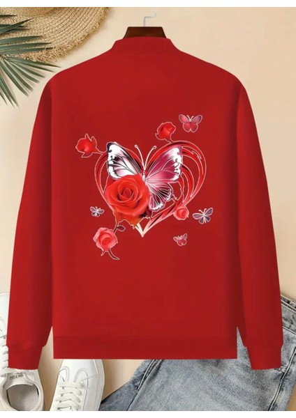 Punıx Kıds Özel Seri Tasarım Kalp Gül Kelebek Baskılı Kolej Yaka Fermuarlı Kalın Kışlık Kız Çocuk Sweatshırt fiyatları