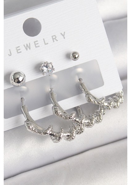 Pirinç Gümüş Renk Sarmal Yılan Halka Zirkon Taşlı Topçuk Detay Kadın Küpe Seti