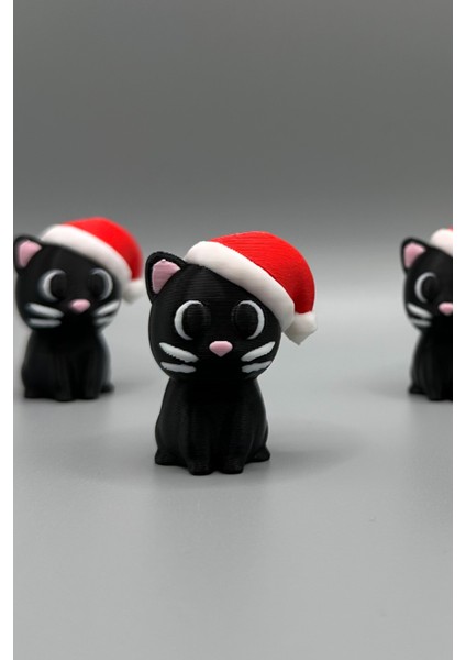 Noel Şapkalı Siyah Kedi Mini Dekor – Bioplastik Yılbaşı Süs Objeleri