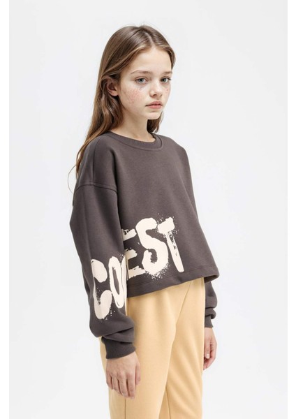 Kız Çocuk Bisiklet Yaka Baskılı Sweatshirt