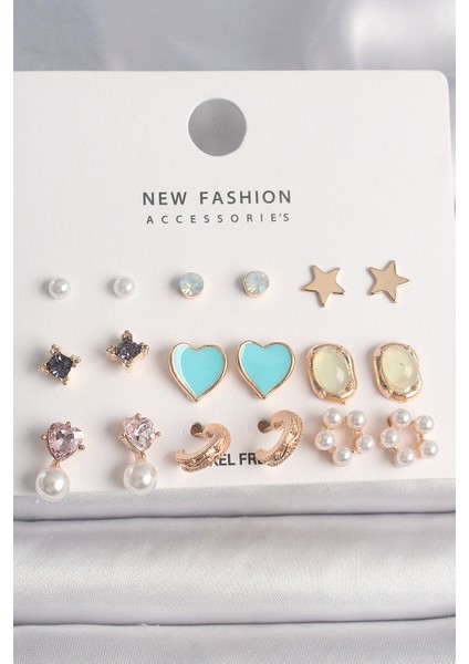 Pirinç Renk Zirkon Taşlı Incili Çiçek Kalp Figür 9 Çift Kadın Küpe Seti