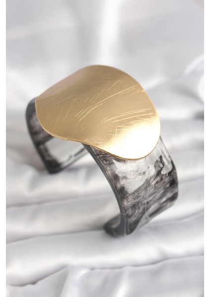 Siyah Mermer Desen Akrilik Plastik Daire Plaka Kadın Bilezik