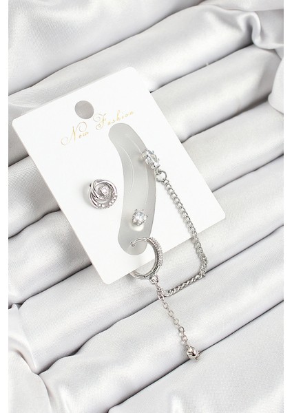 Pirinç Halka Figürlü Zirkon Taşlı Gümüş Renk 3'lü Kıkırdak Kadın Küpe Set