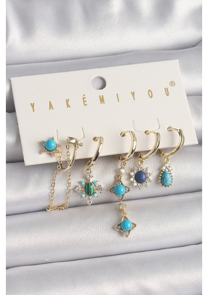 Pirinç Renk Zirkon Taşlı Boncuklu Çiçek Vip Seri Kadın Küpe Kombini