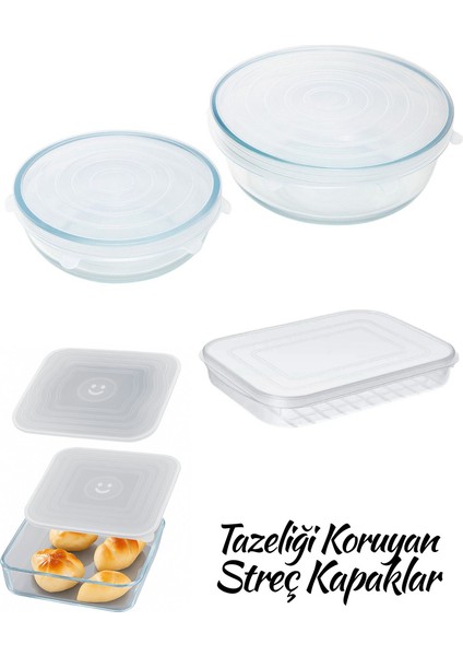 Silikon Streç Yuvarlak-Kare-Dikdörtgen Cam Fırın Tepsi Kapağı 3'lü Seti