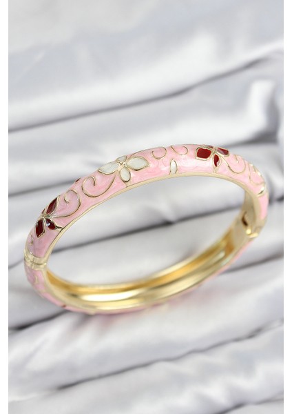 Mineli Pirinç Pembe Çiçek Motifli Kadın Kelepçe