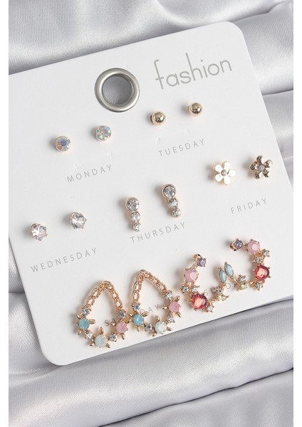 Pirinç Renk Zirkon Taşlı Damla Yıldız Detaylı 7 Çift Kadın Küpe Seti