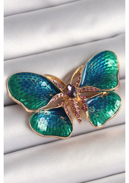 Pirinç Renk Turquaz Zirkon Taş Detaylı Kadın Broş