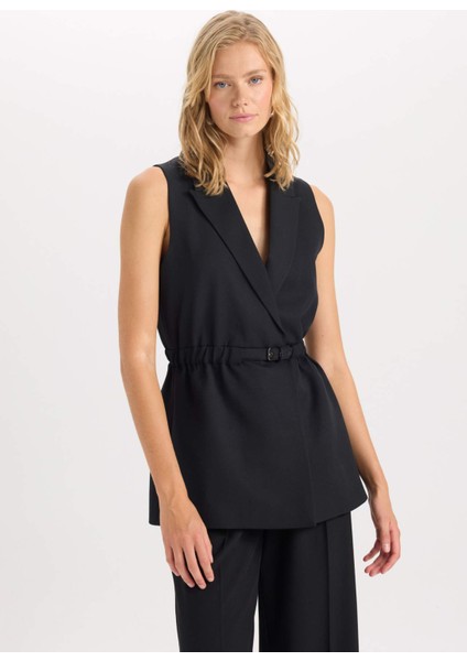 Ceket Yaka Basic Düz Kemerli Kolsuz Blazer Yelek D4784AX24AU