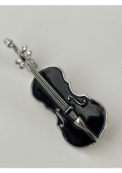 Siyah ve Gümüş Renklerinde Keman Figürlü Silver Broş