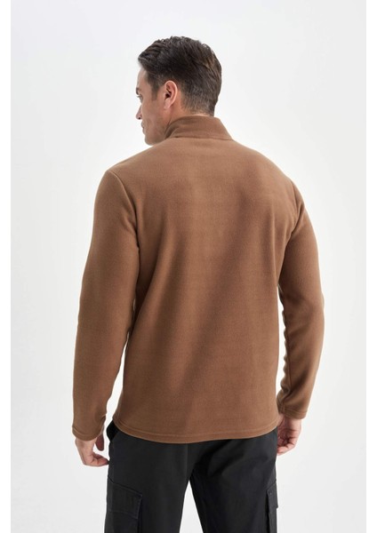 Haki Tüylenme Yapmayan Soğuk Geçirmez Regular Fit Dik Yaka Fermuarlı Polar Sweatshirt