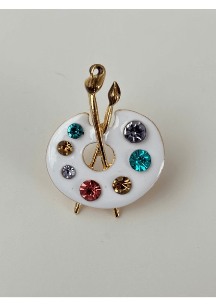 Beyaz Renkli Rengarenk Taşlı Resim Paleti Figürlü Gold Broş