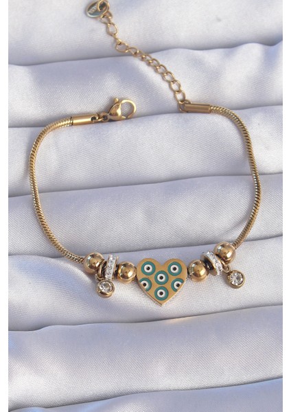 316L Çelik Renk Zirkon Taşlı Nazarlı Kalp Tasarımlı Bileklik