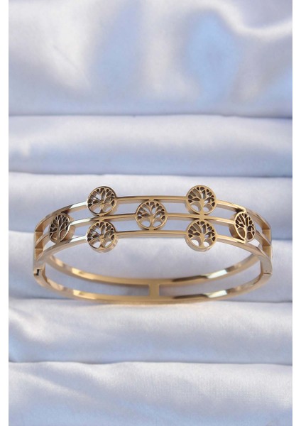 316L Çelik Altın Renk Yaşam Ağacı Tasarımlı Kelepçe