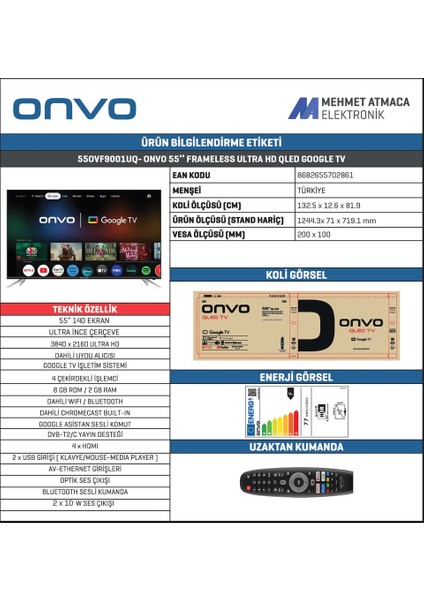 Onvo 55OVF9001UQ 55’’ 140 Ekran Uydu Alıcılı 4K Ultra Hd QLED Google Smart Tv fiyatları