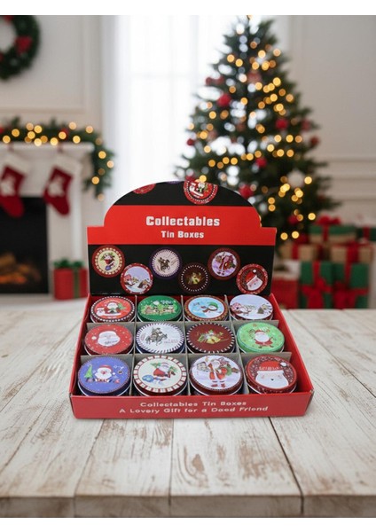 Yılbaşı Temalı Mini Yuvarlak Teneke Kutu Seti 12'li