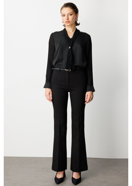 Kadın Beli Kemerli Ispanyol Paça Pantolon 1011 Siyah