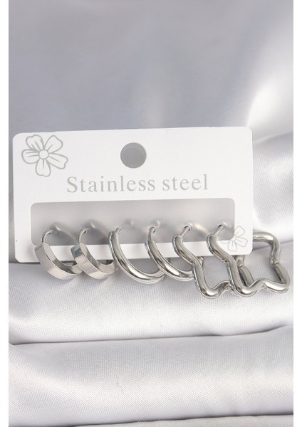 316L Çelik Gümüş Renk Yarım Halka Yıldız Kadın Küpe Seti