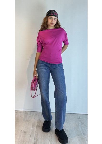 Kadın Yarasa Kollu Madonna Yaka Detaylı Yarım Kol Bluz fırsatları