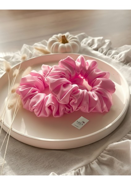 2'li Lüks Kadın Saten Toka - Şeker Pembesi - Lastik Model Scrunchie - Anne Kız Kombini