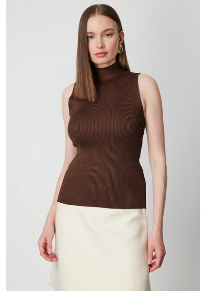 Kadın Taşlı Kolsuz Triko Bluz 66375 Kahverengi
