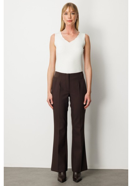 Kadın Beli Kalın Lastikli Ispanyol Paça Pantolon 1105 Kahverengi