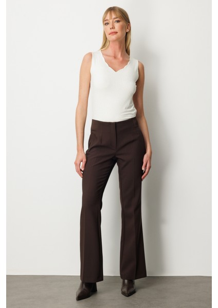 Kadın Beli Kalın Lastikli Ispanyol Paça Pantolon 1105 Kahverengi fiyatları