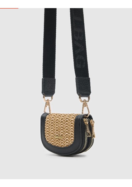 Kadın Askılı Siyah Hasır Çanta Cüzdan