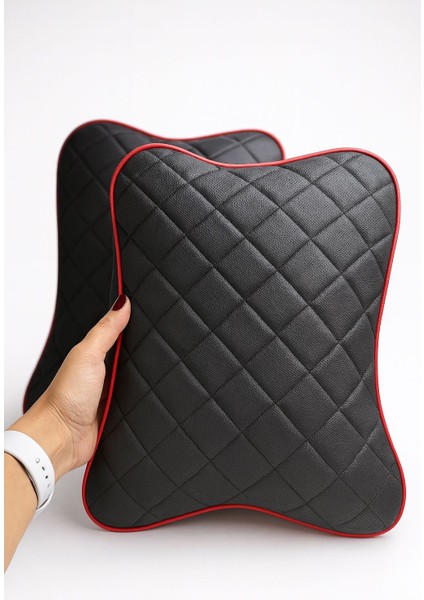 Lüks Kapitoneli Kırmızı Biyeli Ortapedik Oto Boyun Yastığı (2'li Set)