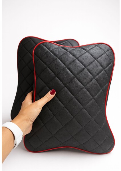 Lüks Kapitoneli Kırmızı Biyeli Ortapedik Oto Boyun Yastığı (2'li Set) fırsatları