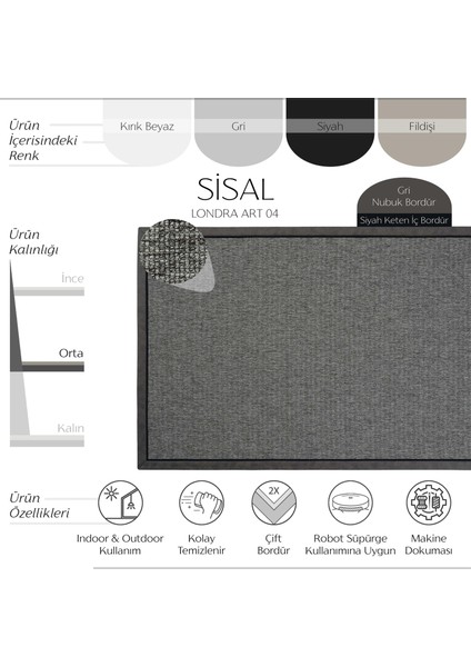 Londra Art 04 Balkon Halısı Hasır Doku Mutfak Halısı Çift Bordürlü Ithal Sisal Halı Yolluk fiyatları