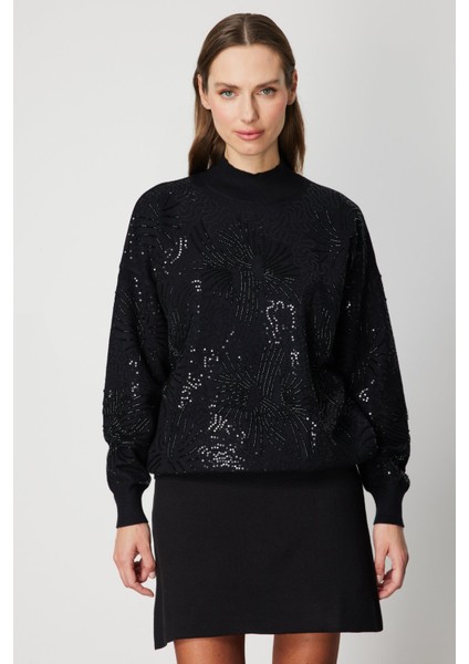 Kadın Taşlı Dik Yaka Triko Kazak 60323 Siyah