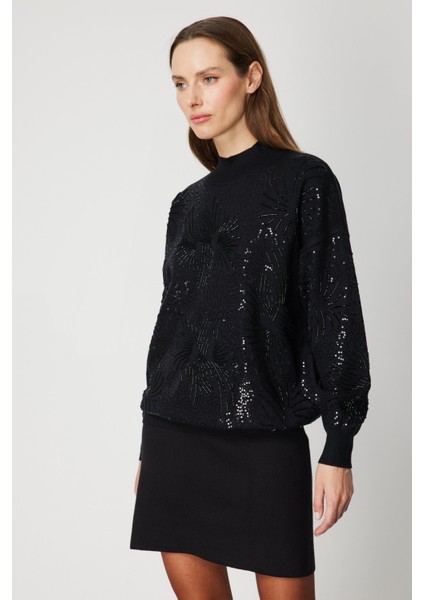 Kadın Taşlı Dik Yaka Triko Kazak 60323 Siyah fiyatları